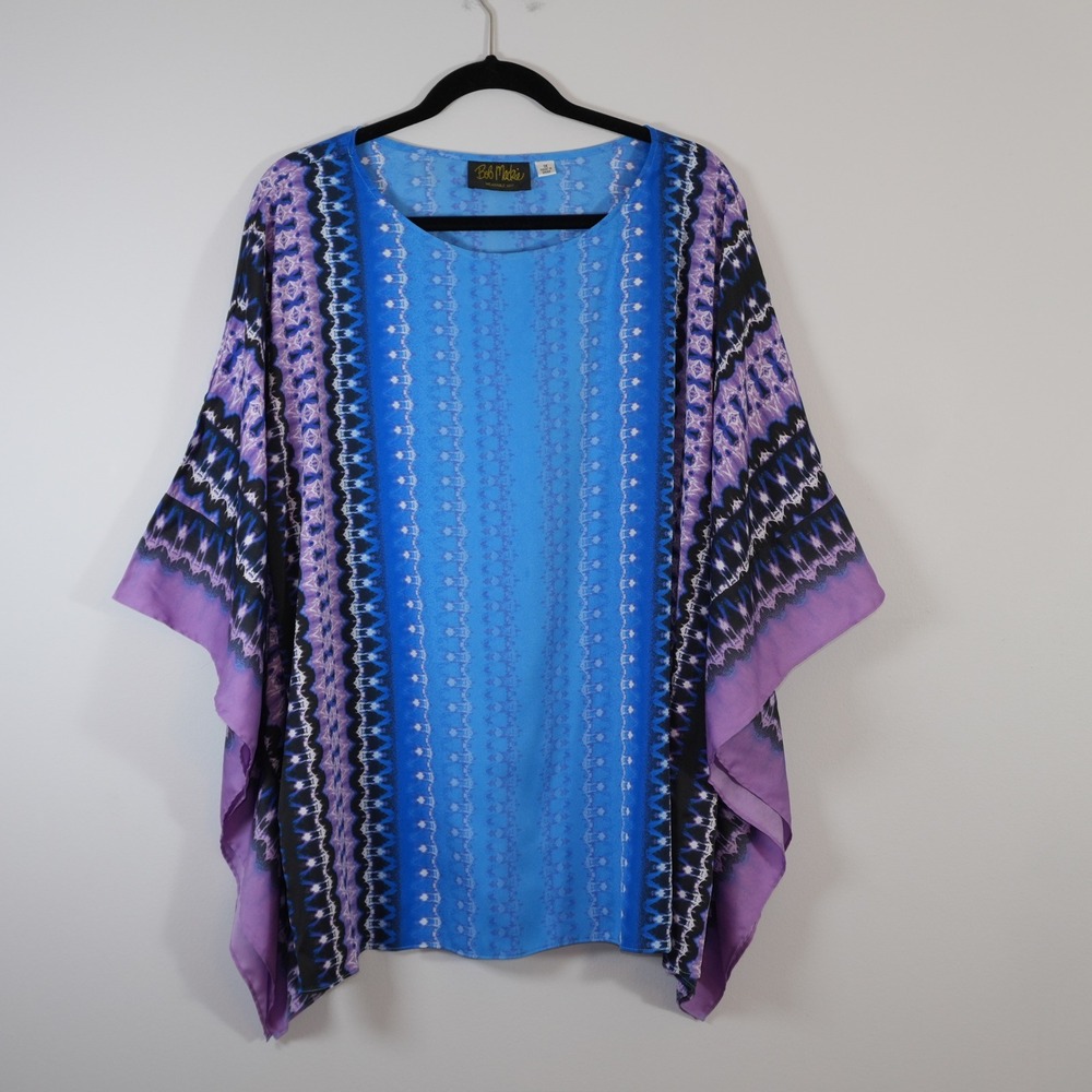 Bob Mackie Wearable Art Poncho Top Blue Purple Abstract Caftan Plus Size 1X XL